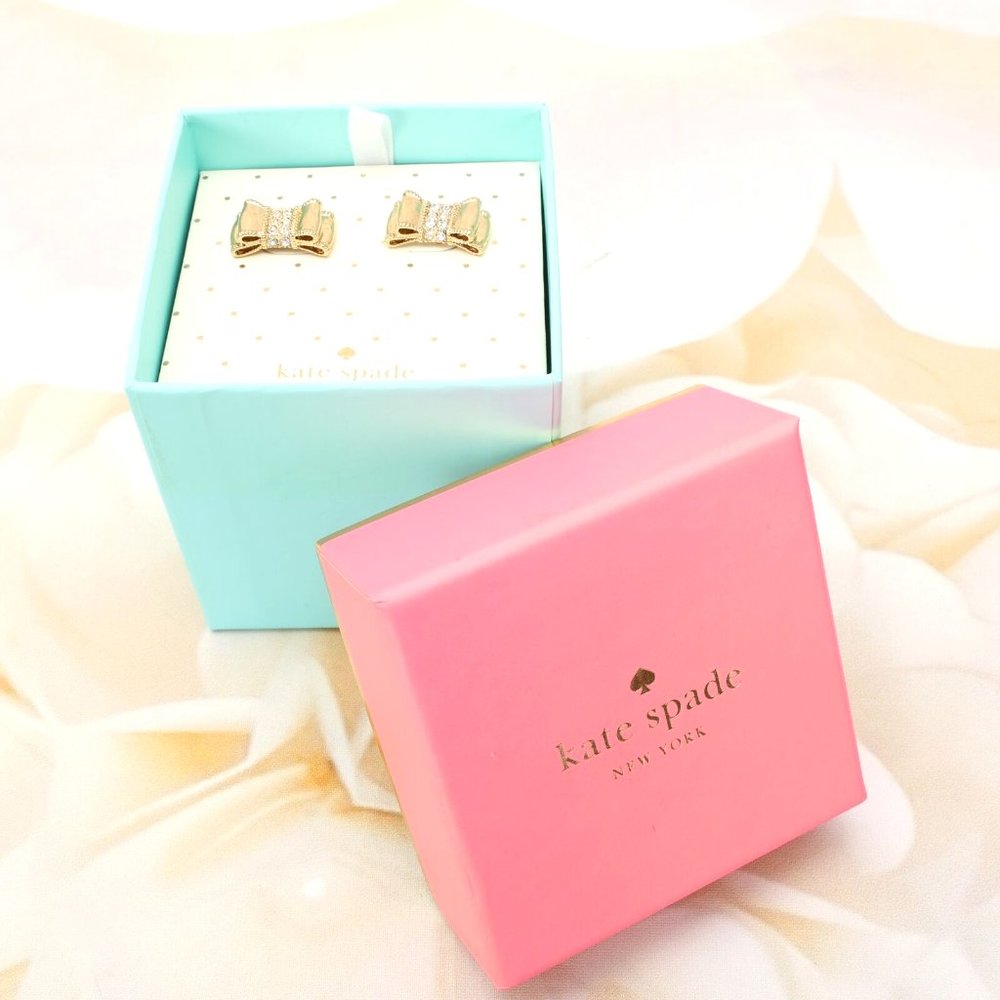 Kate Spade Bow Rhinestone Stud Earrings Gold Tone Fashion Jewelry W/Box
